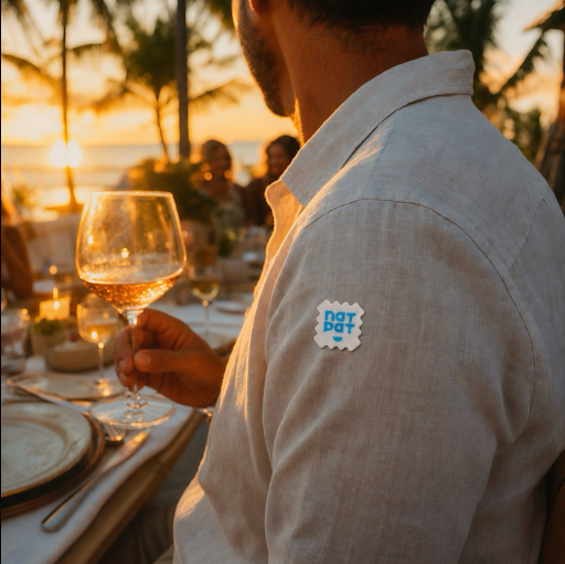 Man wearing a NatPat mood-calming sticker on his linen shirt collar at a sunset beach dinner.