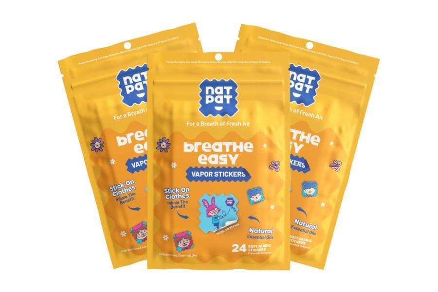 A resealable pack of StuffyPatch congestion-relief stickers standing upright.