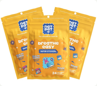A resealable pack of StuffyPatch congestion-relief stickers standing upright.