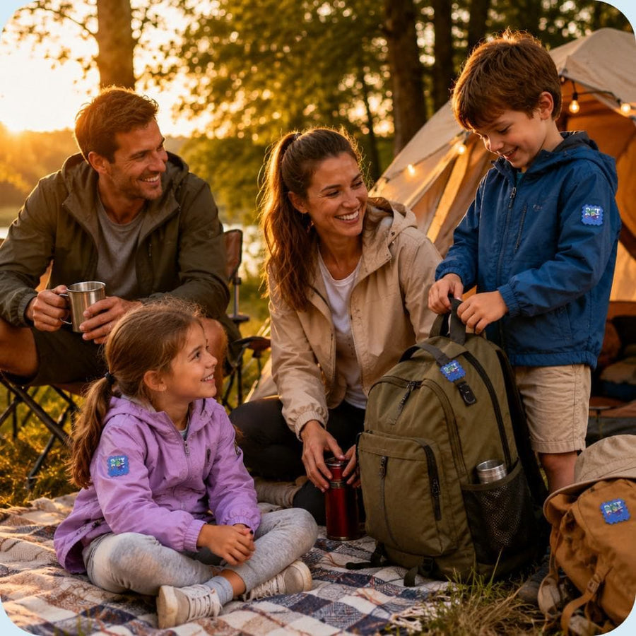 An adult wearing BuzzPatch mosquito repellent patches on their clothing outdoors.