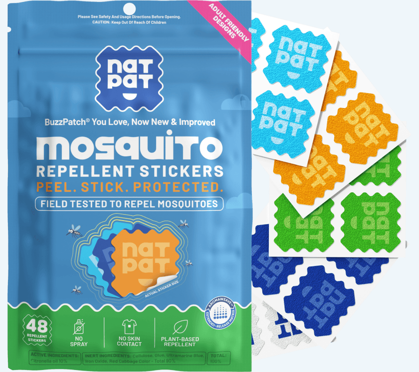 BuzzPatch Adults mosquito repellent patch pack with discreet NATPAT designs.