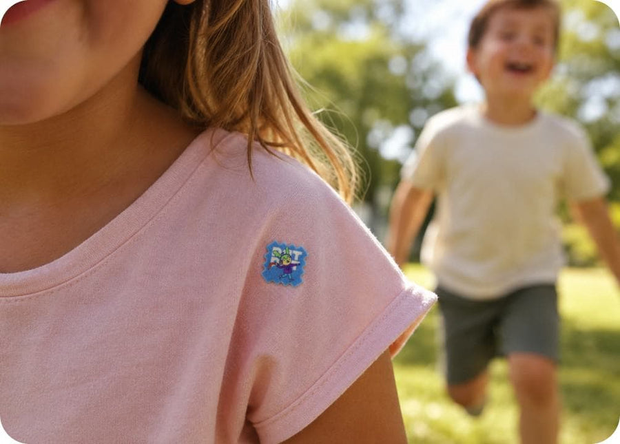 An adult outdoors wearing BuzzPatch Adults patches on their clothing.