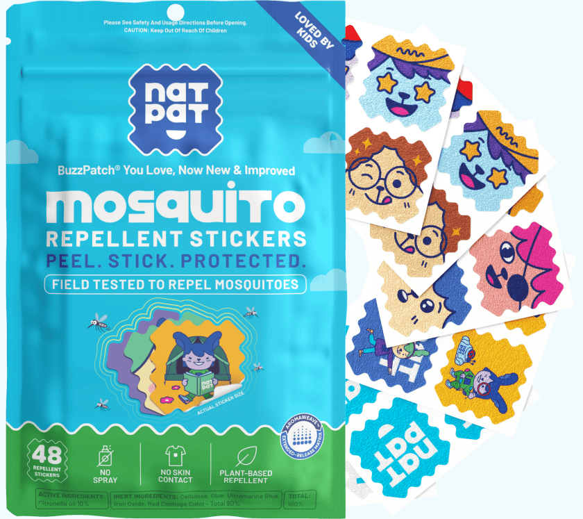 BuzzPatch Kids mosquito repellent patch pack with character-design stickers.