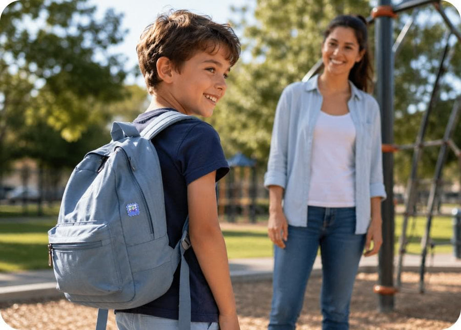 A child outdoors wearing BuzzPatch stickers on their clothing, ready to play.