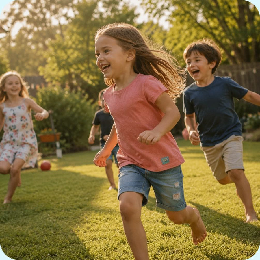 A child wearing BuzzPatch mosquito repellent stickers on their clothing while playing outdoors.