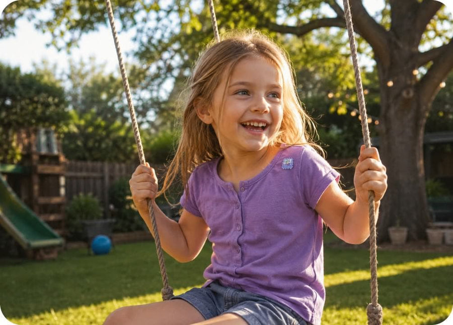 A child outdoors wearing BuzzPatch stickers on their clothing, ready to play.