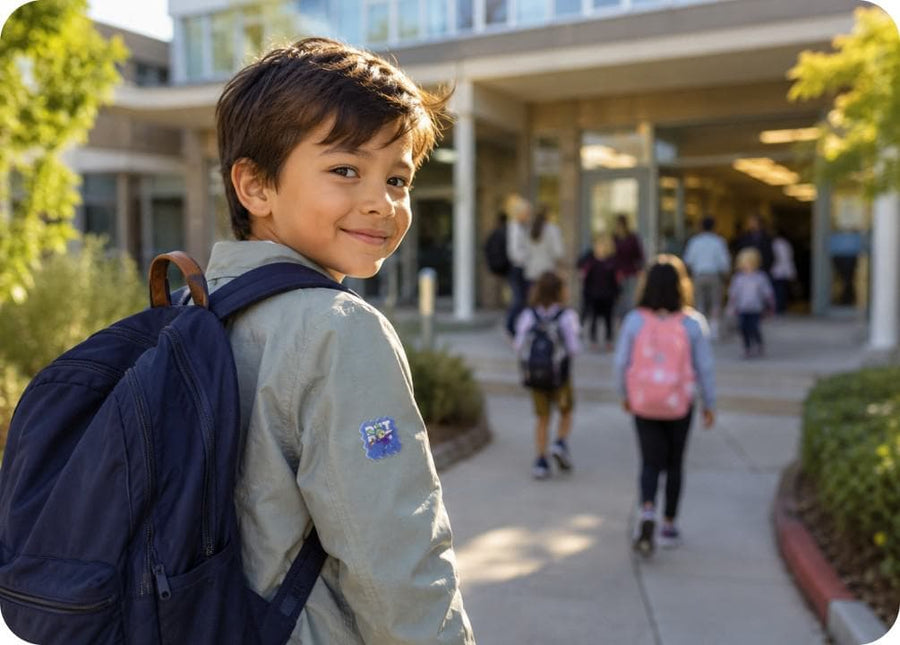 A child outdoors wearing BuzzPatch stickers on their clothing, ready to play.