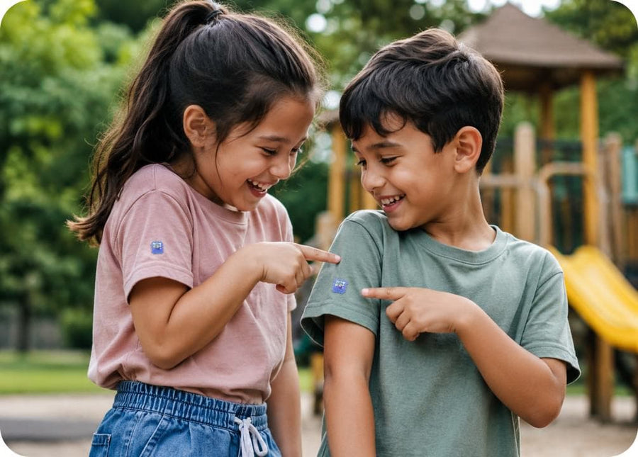 A child outdoors wearing BuzzPatch stickers on their clothing, ready to play.