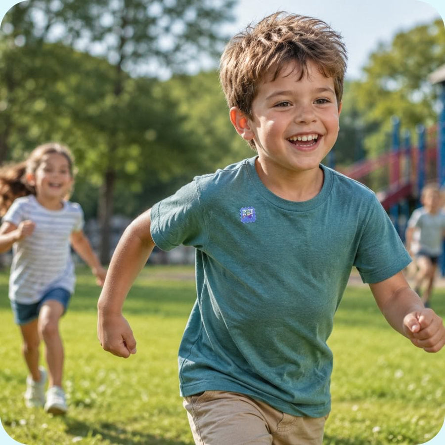 A child wearing BuzzPatch mosquito repellent stickers on their clothing while playing outdoors.