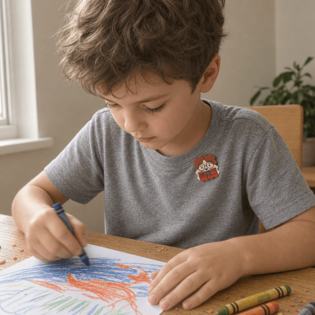 A boy in a grey t-shirt sits at a wooden table by a sunlit window drawing with a blue crayon, a FocusPatch sticker on his chest.