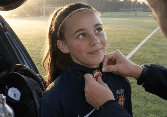 A parent presses a FocusPatch sticker onto the collar of a girl's navy football top beside an open car boot, a sunlit pitch behind them.