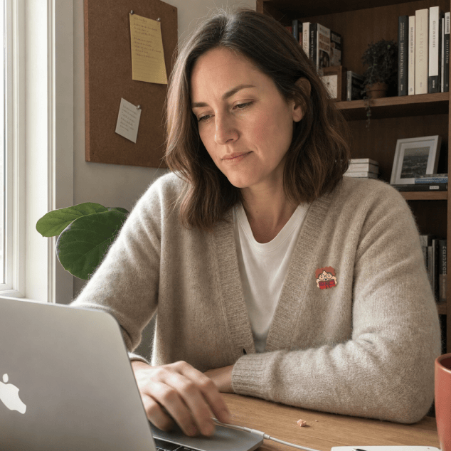 A woman in a cream cardigan works at a laptop by a sunlit window, a colourful NatPat focus sticker on her chest, bookshelves and a pinboard behind her.