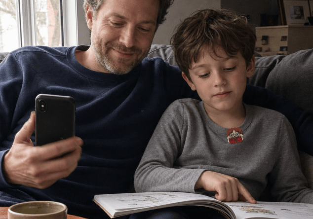 A father holding a phone sits on a sofa beside his son, who wears a FocusPatch sticker on his grey jumper and follows a line in an open picture book with his finger.