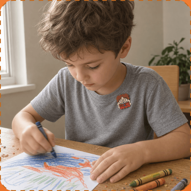 A boy in a grey t-shirt sits at a wooden table by a sunlit window drawing with a blue crayon, a FocusPatch sticker on his chest.