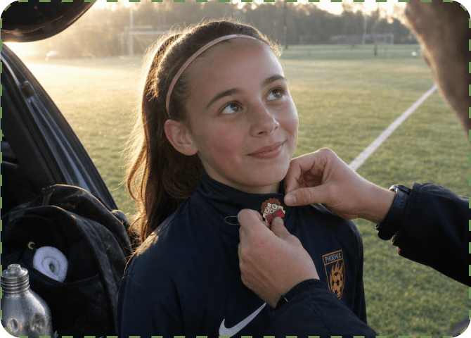 A parent presses a FocusPatch sticker onto the collar of a girl's navy football top beside an open car boot, a sunlit pitch behind them.