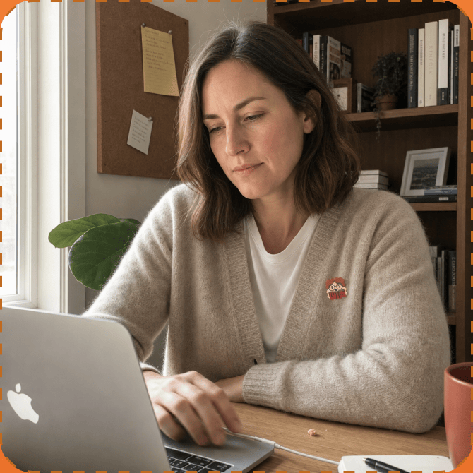 A woman in a cream cardigan works at a laptop by a sunlit window, a colourful NatPat focus sticker on her chest, bookshelves and a pinboard behind her.