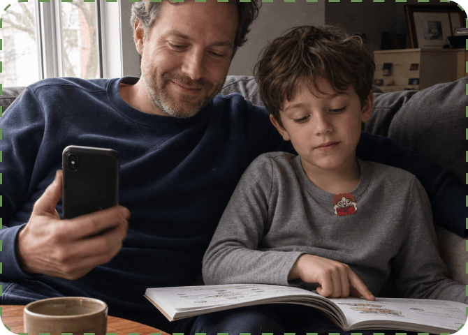 A father holding a phone sits on a sofa beside his son, who wears a FocusPatch sticker on his grey jumper and follows a line in an open picture book with his finger.