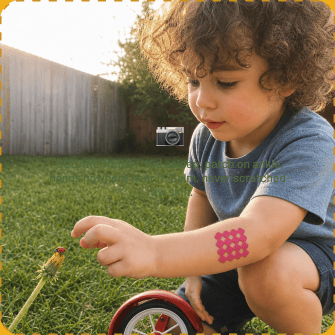 A curly-haired toddler in a grey t-shirt crouches on a sunlit backyard lawn reaching toward a ladybird on a dandelion, a pink grid-shaped MagicPatch on his forearm.