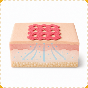 3D cutaway illustration of a block of skin with a pink MagicPatch grid sticker on the surface and blue arrows draining fluid down through the skin layers.