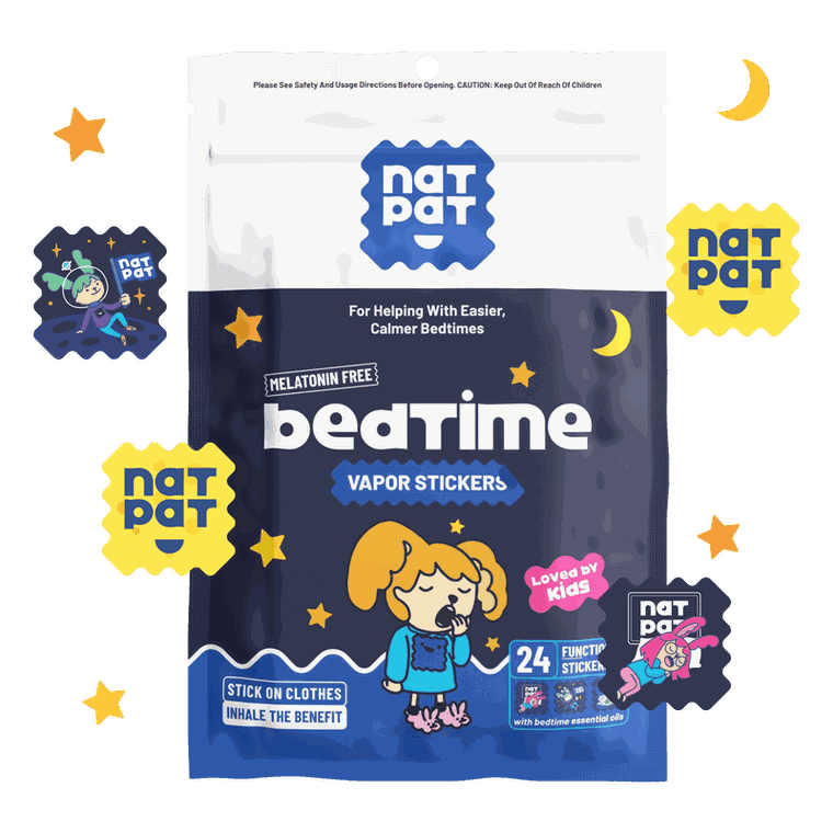 SleepyPatch Bedtime vapor stickers pack with patches floating around it