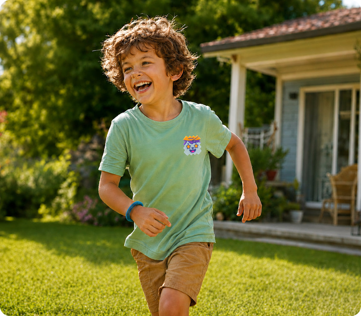 Child outdoors wearing a BuzzPatch sticker