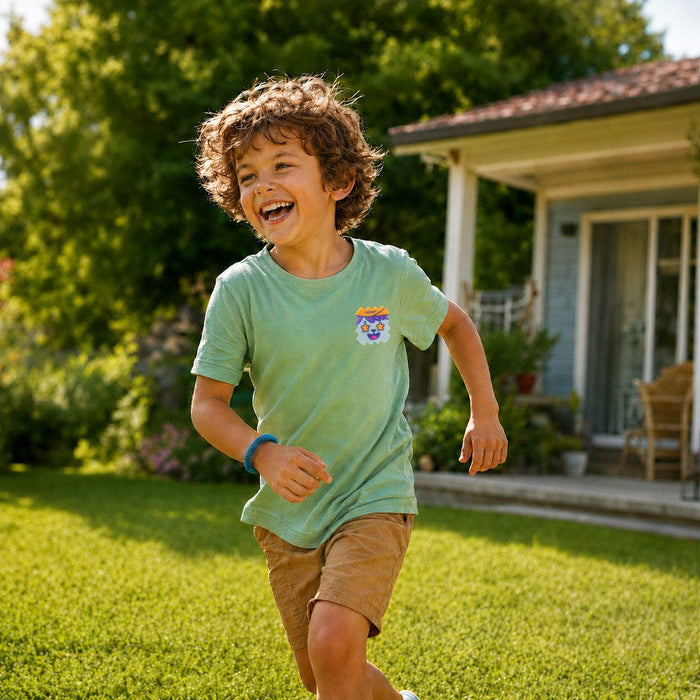 Child running outdoors wearing a BuzzPatch sticker