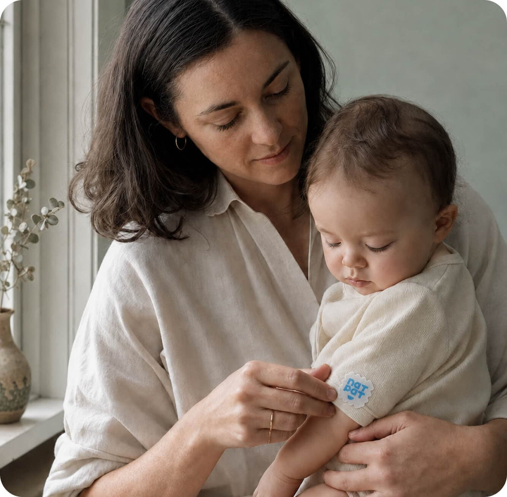 Mother applying a mosquito repellent patch to a baby's clothing