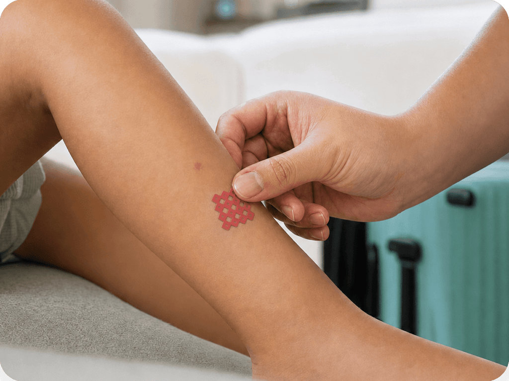 Parent applying ItchyPatch relief patch to a child's mosquito bite
