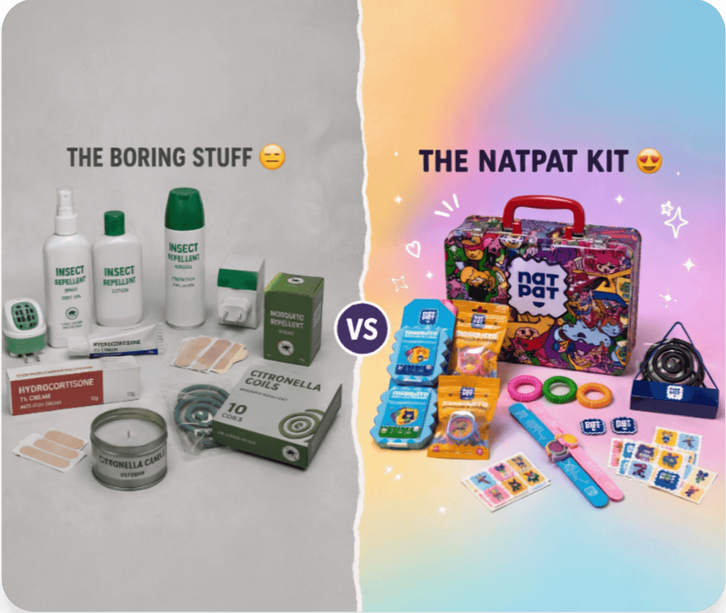 Six replacement mosquito products beside one organized NatPat travel tin