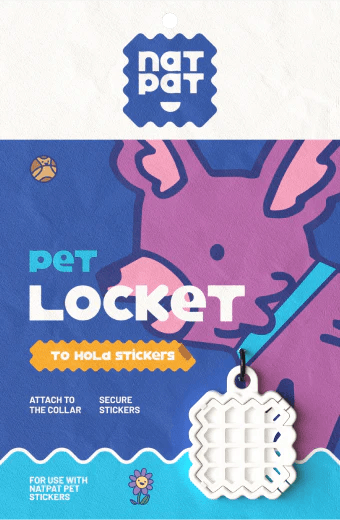 A close-up product photo of the NatPat Pet Locket packaging — a blue pouch showing a white waffle-textured locket tag designed to hold a Pet Zen sticker and attach to a pet's collar like a pet tag.