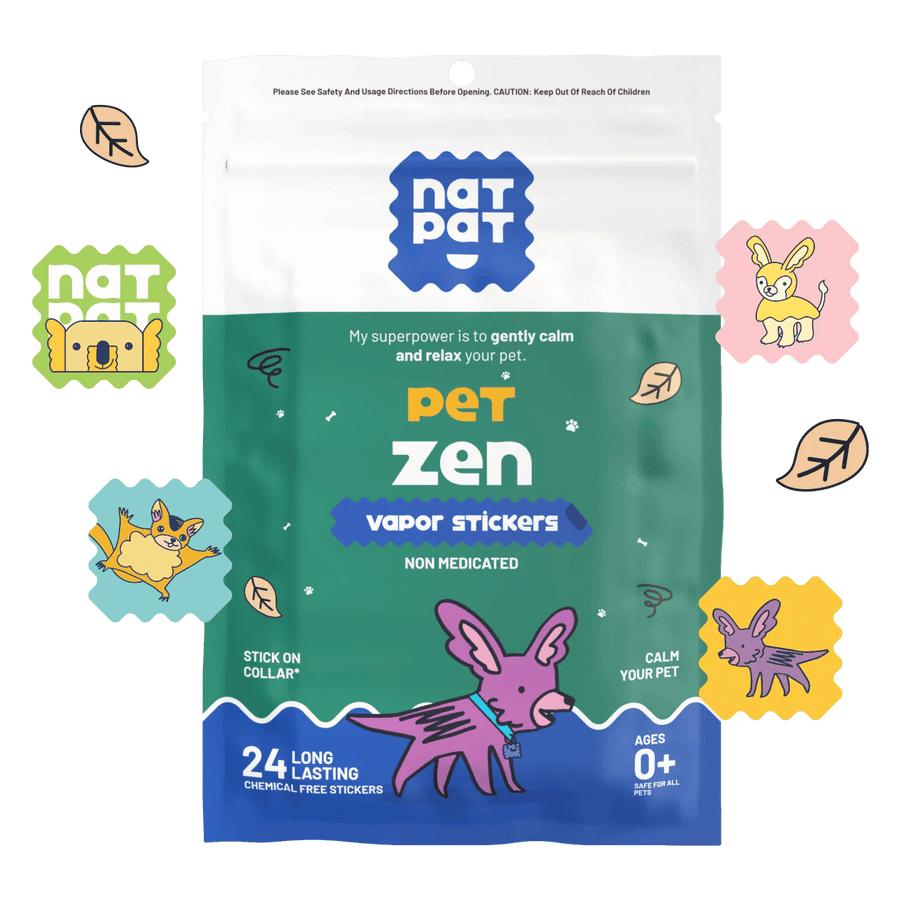 NatPat Pet Zen Vapor Stickers pouch — a green and blue resealable pouch printed with a cartoon purple dog wearing a collar, labelled '24 long lasting chemical free stickers' and 'Ages 0+, safe for all pets'.