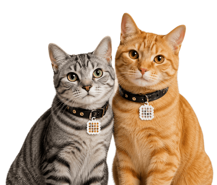 A grey tabby cat and an orange tabby cat sit side by side against a transparent background, each wearing a black collar with a white waffle-patterned pet tag, looking calmly at the camera.