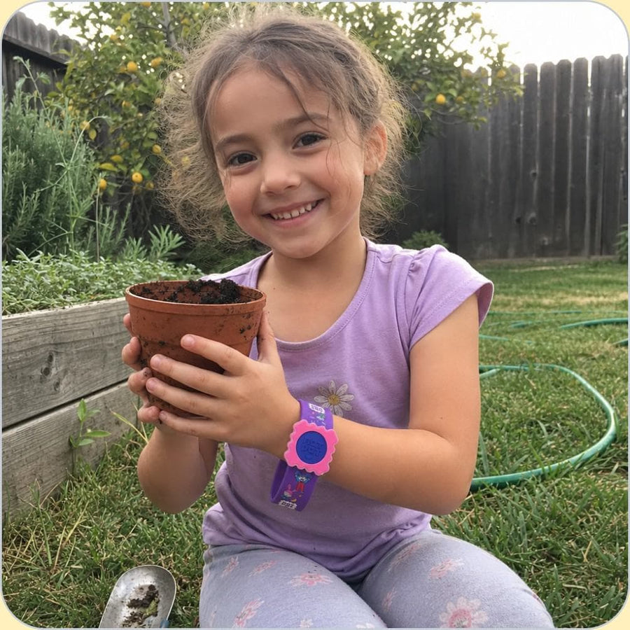 A child wearing the NATPAT mosquito repellent Slap Band outdoors.