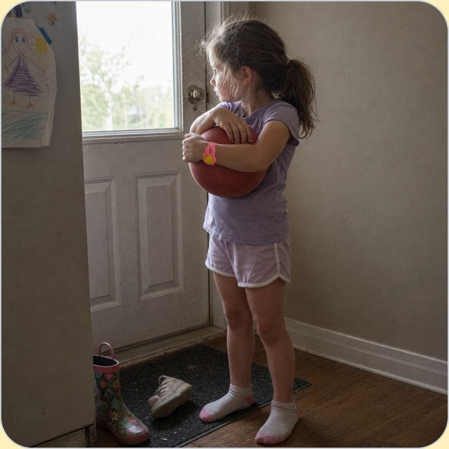 A child wearing the NATPAT mosquito repellent Slap Band outdoors.