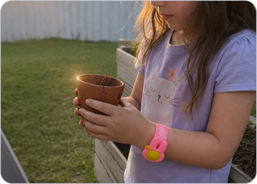 A parent loads the citronella pellet into the Slap Band before a child heads outside.