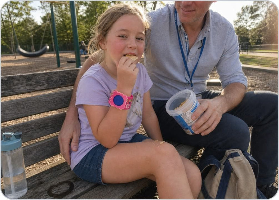 A parent loads the citronella pellet into the Slap Band before a child heads outside.