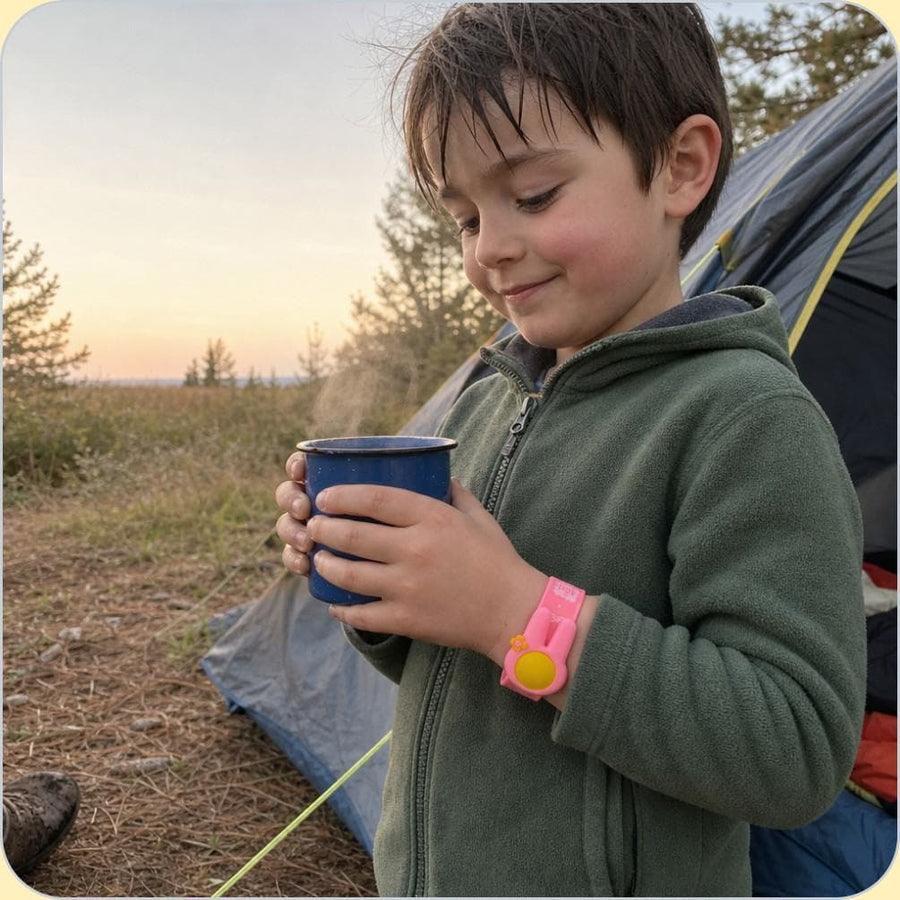 A child wearing the NATPAT mosquito repellent Slap Band outdoors.