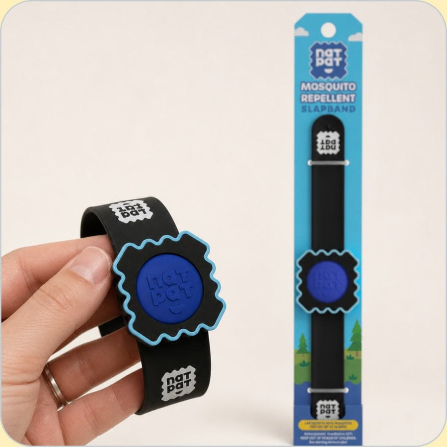 A child wearing the NATPAT mosquito repellent Slap Band outdoors.