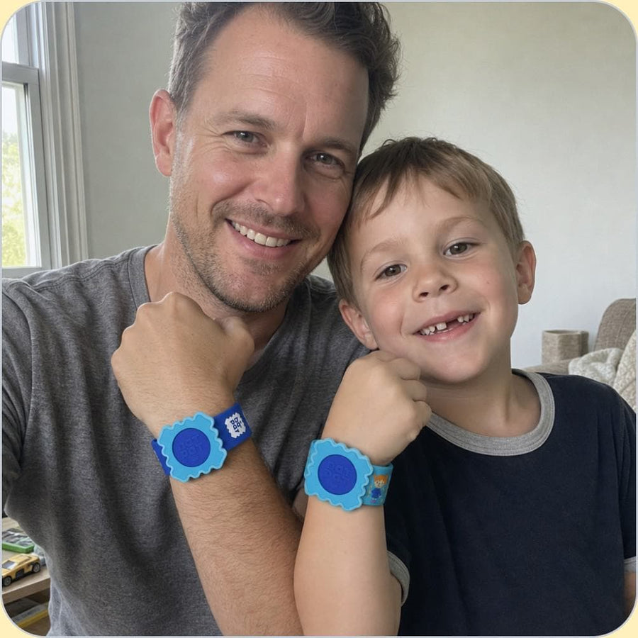 A child wearing the NATPAT mosquito repellent Slap Band outdoors.