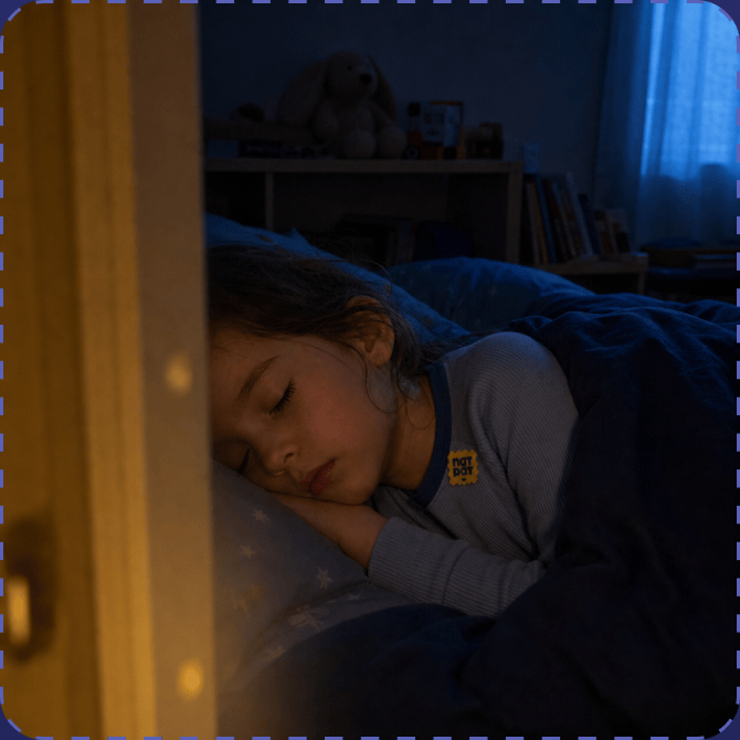 A young child asleep on her side in a dark bedroom with a NatPat sticker on her pyjama sleeve, a stuffed rabbit and bookshelf behind her and warm light spilling through the open door.