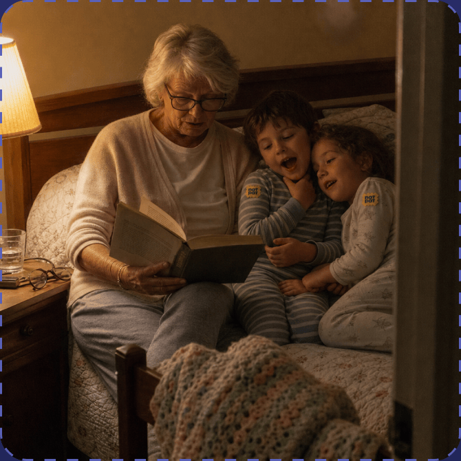 A grandmother in a cream cardigan reads a book by lamplight to two young children in striped and star-print pyjamas propped against pillows in bed, each with a yellow NATPAT sticker on their chest.