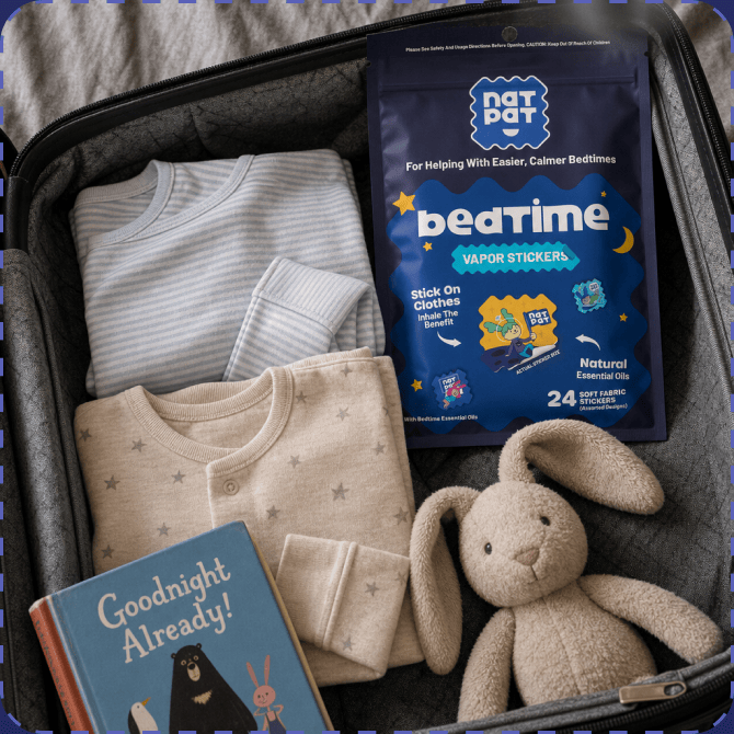 An open suitcase packed with folded baby pyjamas, a plush bunny, a 'Goodnight Already!' board book and a navy NATPAT Bedtime Vapor Stickers pouch resting on top.