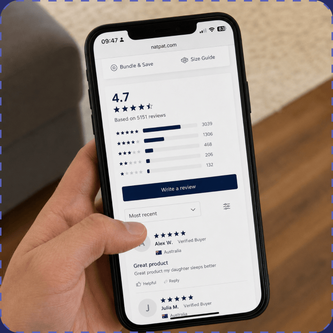 A hand holding a phone showing the natpat.com reviews page: a 4.7 rating, "Based on 5151 reviews", the full star-rating histogram and verified-buyer reviews below.