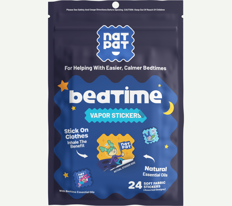 A navy NATPAT Bedtime Vapor Stickers pouch reading “For Helping With Easier, Calmer Bedtimes”, with 24 soft fabric stickers made with bedtime essential oils.