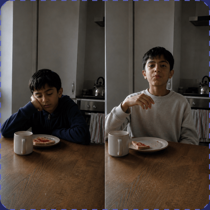 A boy slumped over the breakfast table beside untouched toast on the left, and the same boy sitting up alert and talking at the same table on the right.