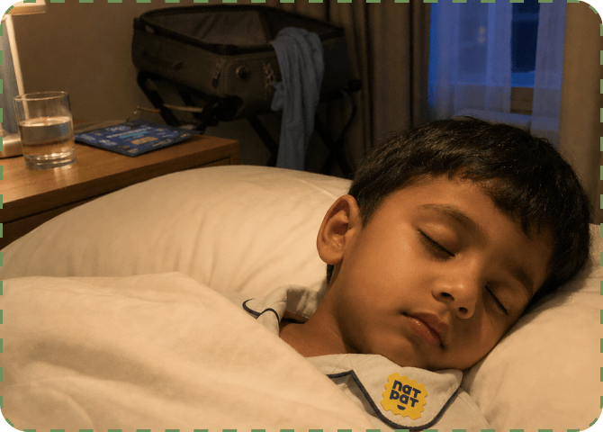 A young boy asleep on a white hotel pillow with a yellow NATPAT sticker on the collar of his pyjama top, a packed suitcase on a luggage rack behind him.