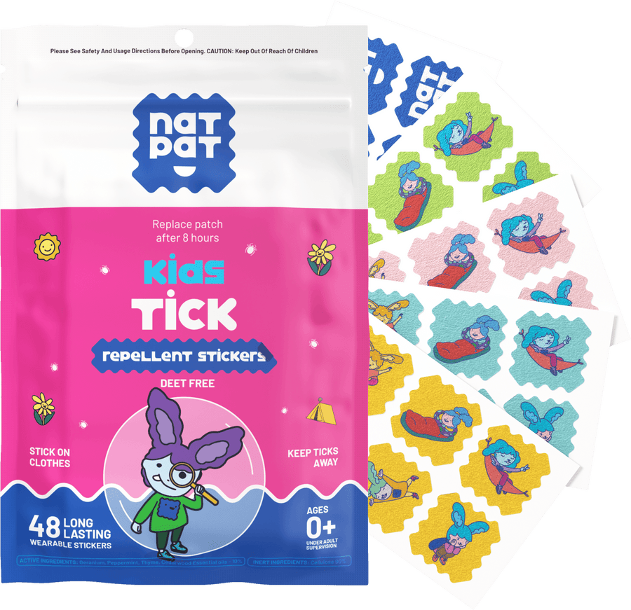 TrailPatch pack with kids' tick repellent stickers displayed beside it.