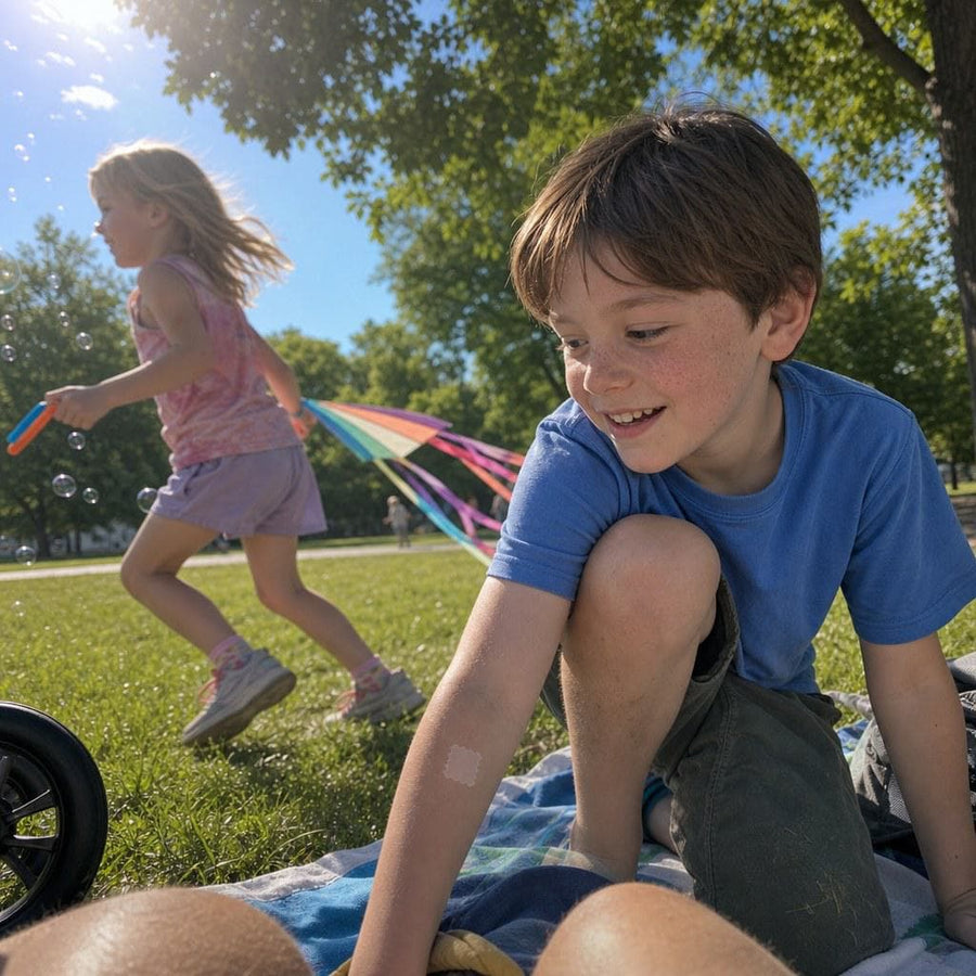 Kid’s arm mid-application: clear patch, sunscreen bottle, bright garden light. The purple version inset.