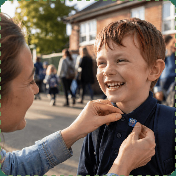 A mother presses a ZenPatch sticker onto the collar of her grinning six-year-old at the school gate, backpack on, the school blurred behind them.