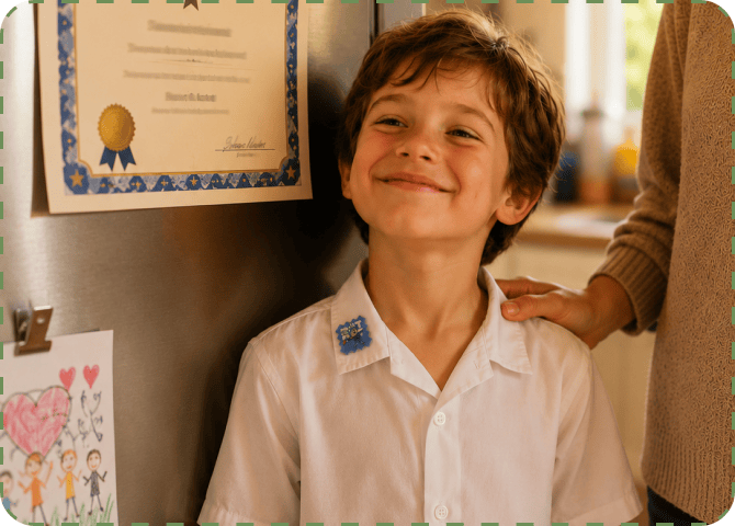 A certificate pinned to the fridge with a proud child beside it, a ZenPatch sticker visible on the collar, in warm kitchen light.